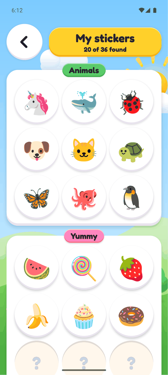 Sticker book page full of colourful stickers